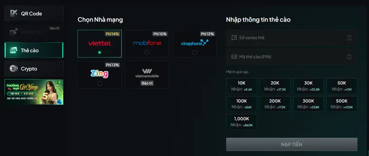 Nạp tiền bằng thẻ cào an toàn tiện lợi nhanh chóng.