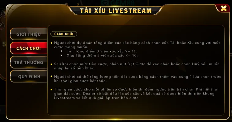 Tài Xỉu Live Tại Gem88 Sân Chơi Cá Cược Đẳng Cấp Uy Tín Nhất Việt Nam